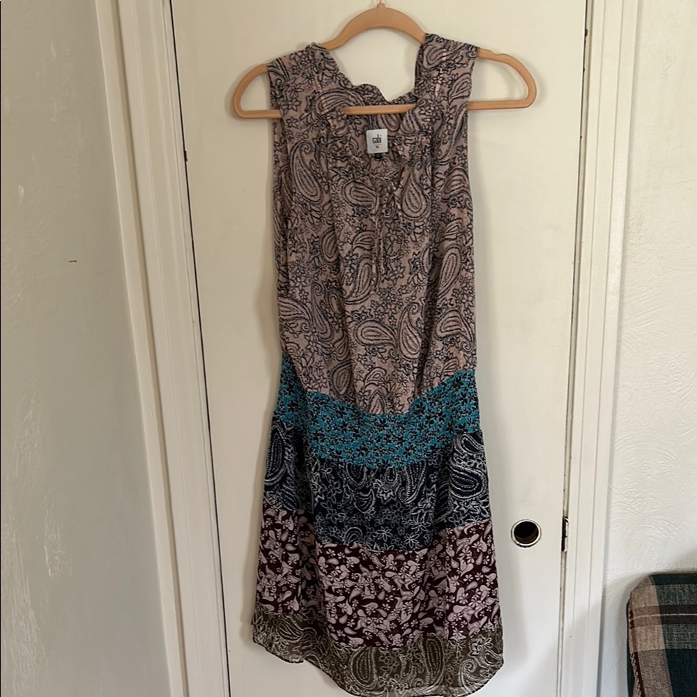 CAbi Brown and Blue Halter Midi Sundress